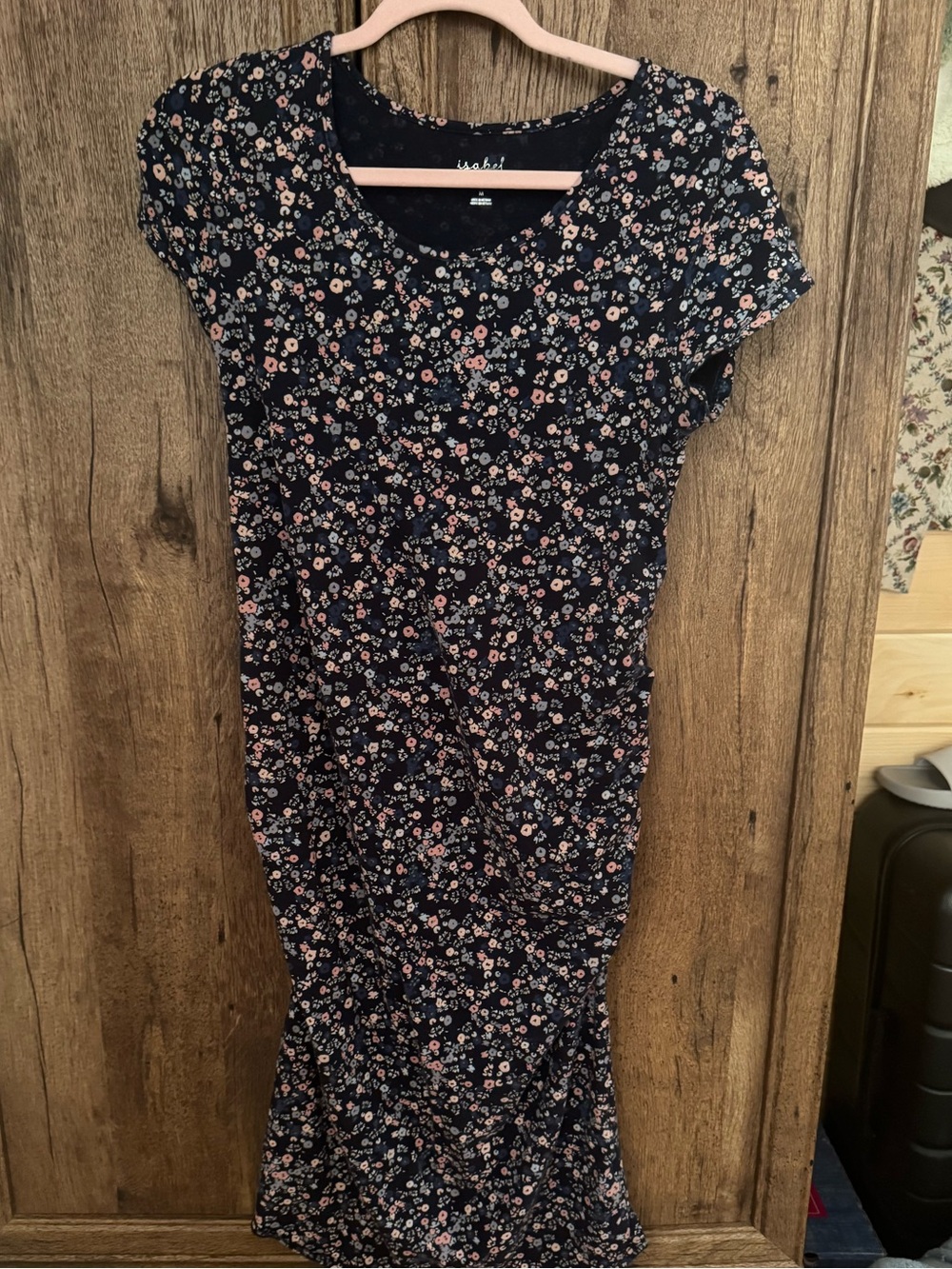 Navy Floral Short-Sleeve Maternity Midi Dress